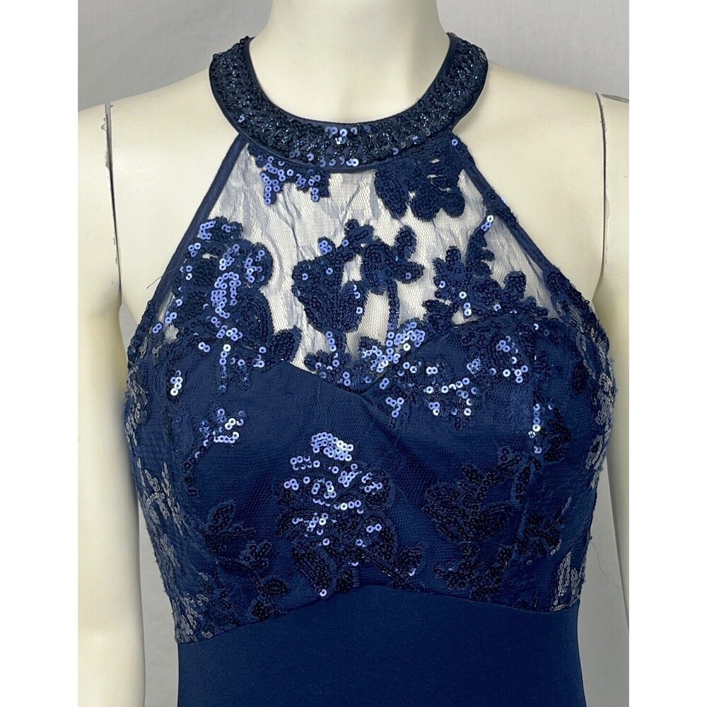 Sequin Hearts Gown Backless Halter Embellished Formal Dress Slit Blue Size 3
